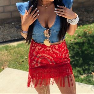 Misguided red lace & fringe skirt